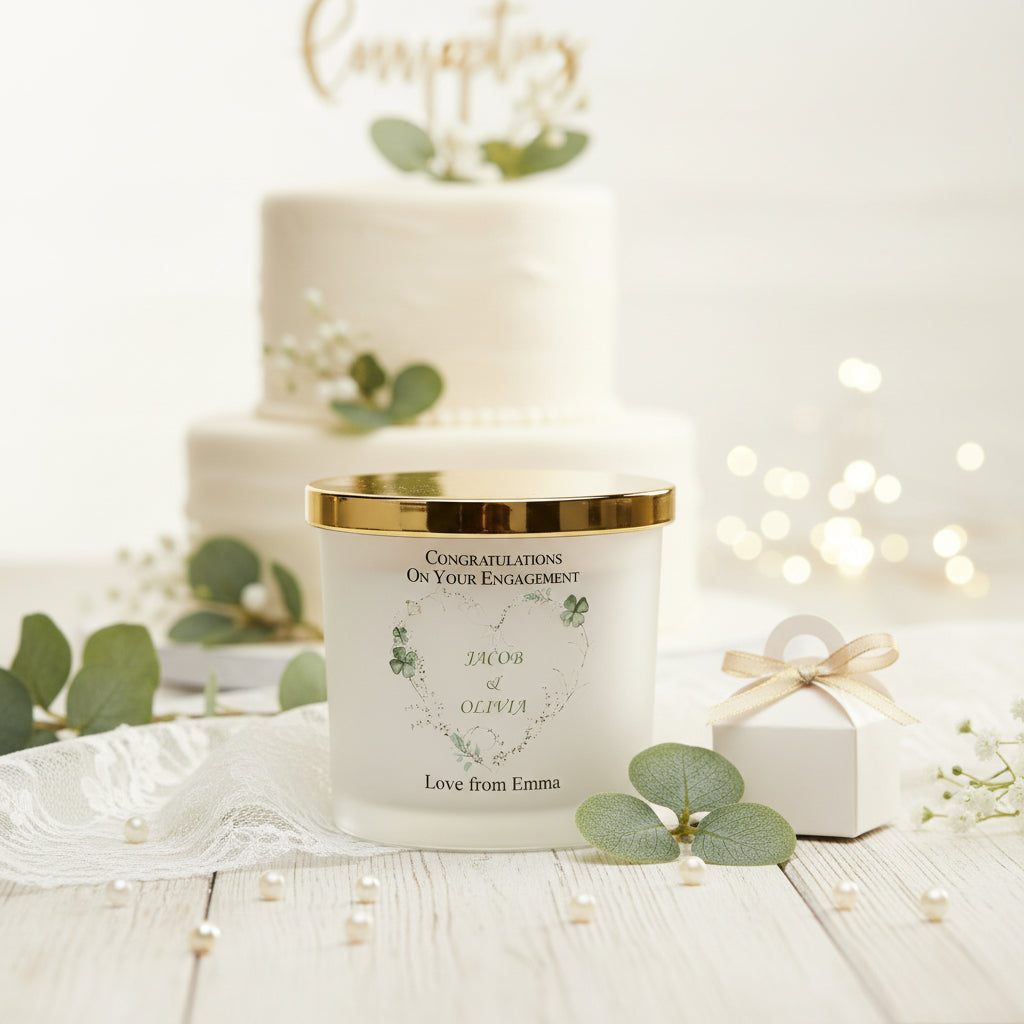 Personalised Large Double Wick Engagement Candle Gift With Green Clover Heart Wreath personalised Candle Lights ukgiftstoreonline