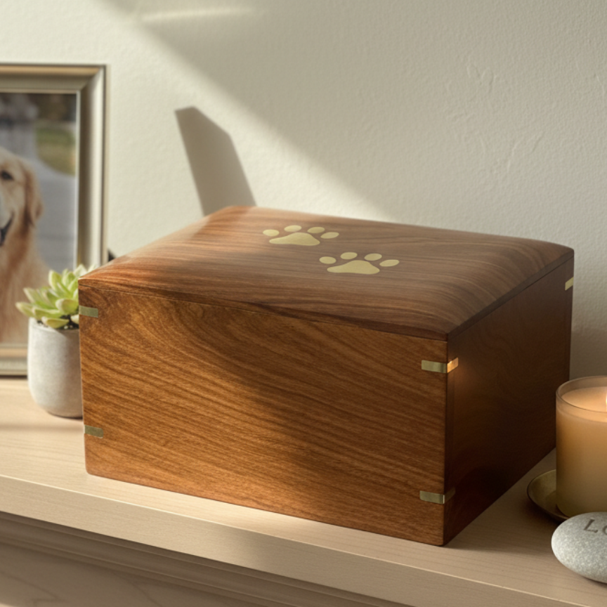 Large Handmade Wooden Pet Urn Box For Dogs With Brass Paw Inlays ukgiftstoreonline