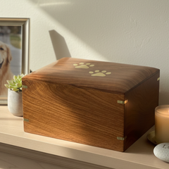 Large Handmade Wooden Pet Urn Box For Dogs With Brass Paw Inlays ukgiftstoreonline