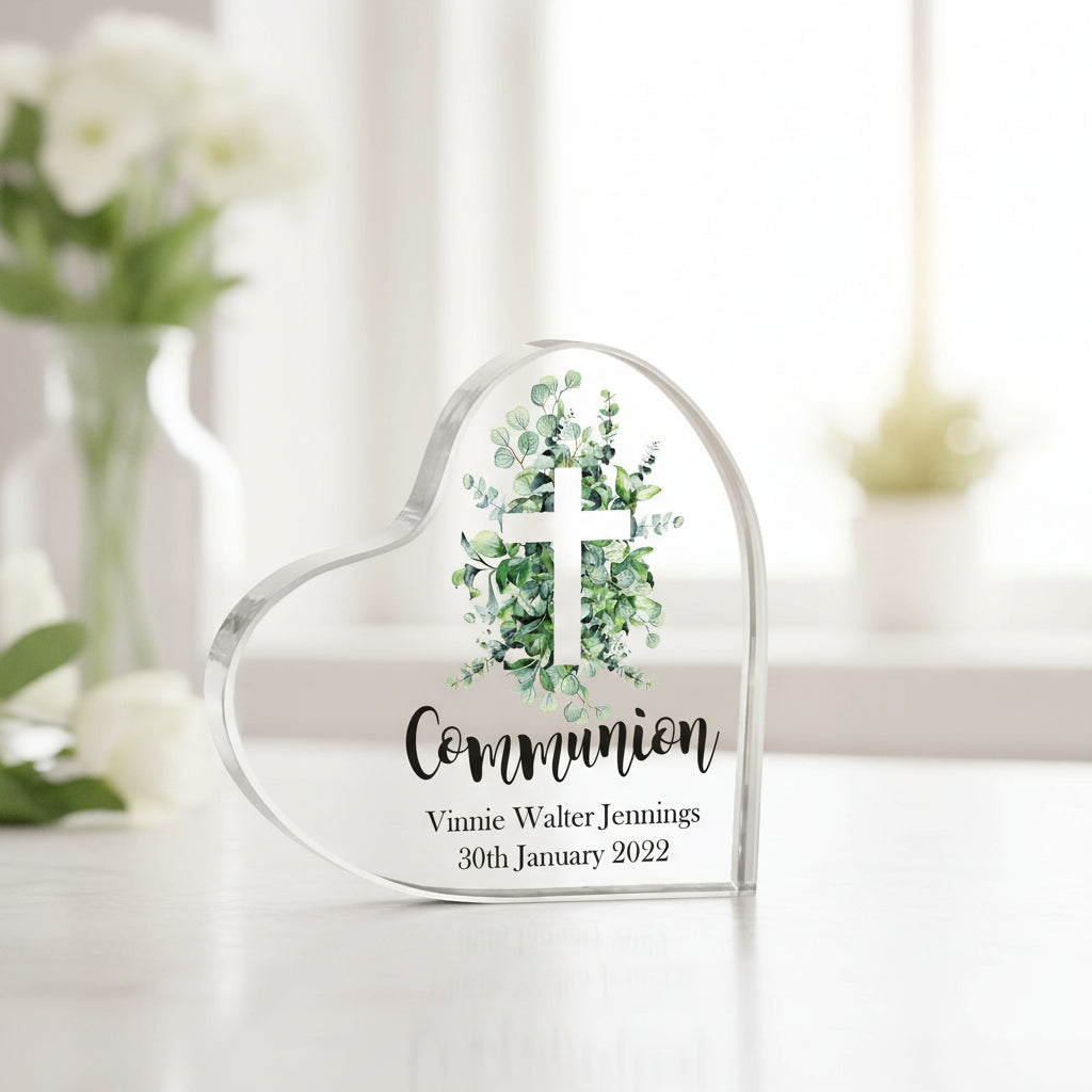 Personalised First Holy Communion Gift Heart With Green Leaf Cross In Gift Box ukgiftstoreonline