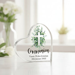 Personalised First Holy Communion Gift Heart With Green Leaf Cross In Gift Box ukgiftstoreonline