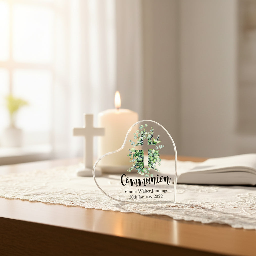 Personalised First Holy Communion Gift Heart With Green Leaf Cross In Gift Box ukgiftstoreonline