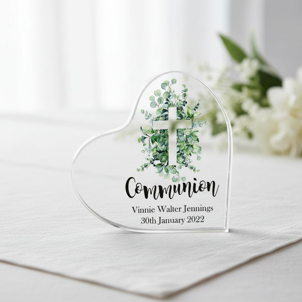 Personalised First Holy Communion Gift Heart With Green Leaf Cross In Gift Box ukgiftstoreonline
