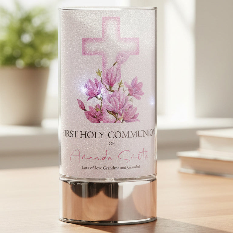 Personalised Holy Communion Night Light Gift With Floral Pink Cross ukgiftstoreonline