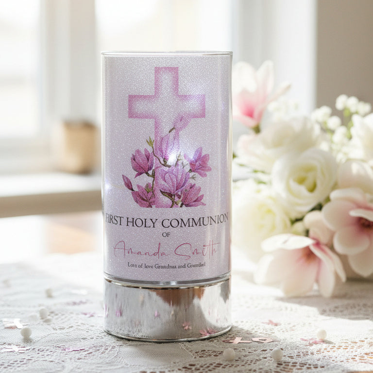 Personalised Holy Communion Night Light Gift With Floral Pink Cross ukgiftstoreonline