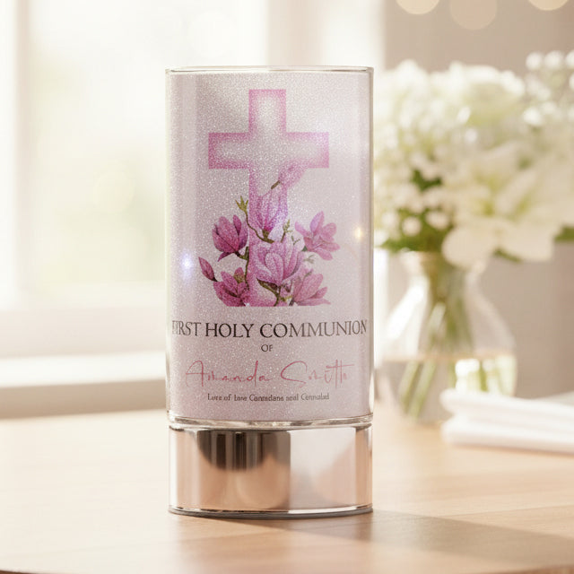Personalised Holy Communion Night Light Gift With Floral Pink Cross ukgiftstoreonline