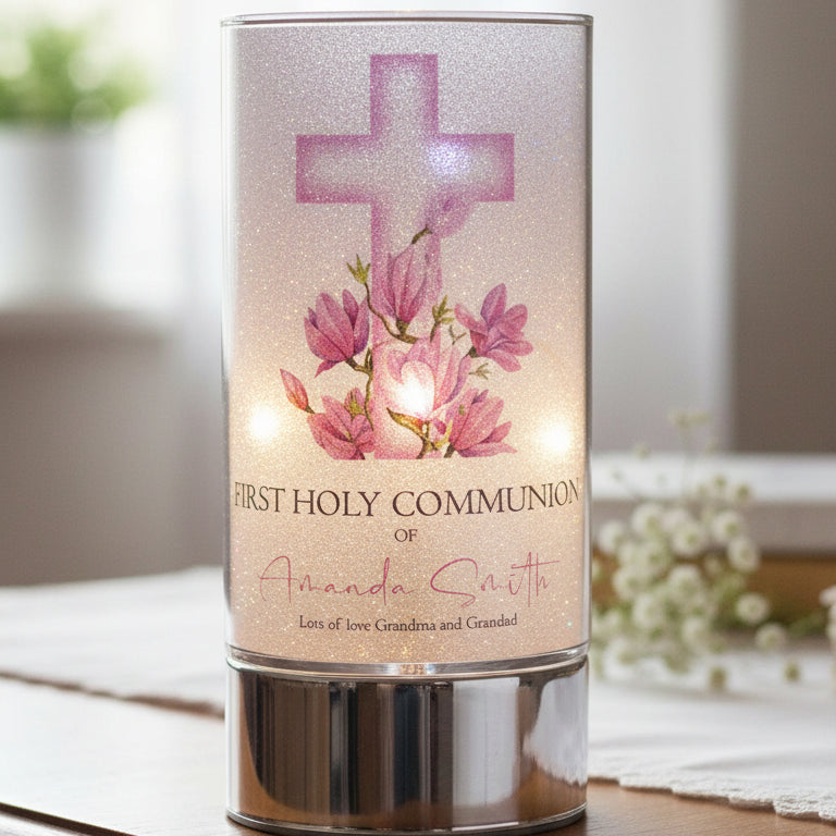 Personalised Holy Communion Night Light Gift With Floral Pink Cross ukgiftstoreonline