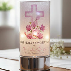 Personalised Holy Communion Night Light Gift With Floral Pink Cross ukgiftstoreonline