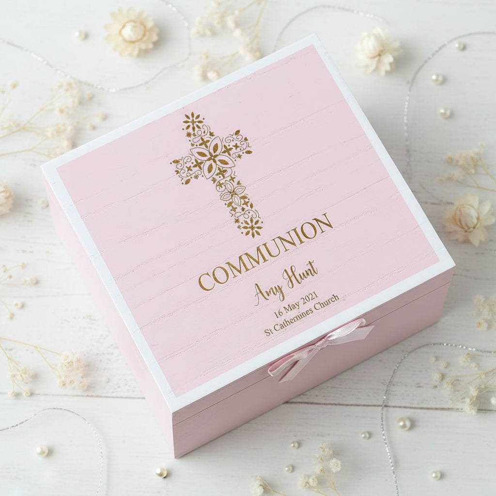 Personalised Communion Pink Engraved Wooden Keepsake Box With Floral Cross Design ukgiftstoreonline