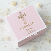 Personalised Communion Pink Engraved Wooden Keepsake Box With Floral Cross Design ukgiftstoreonline