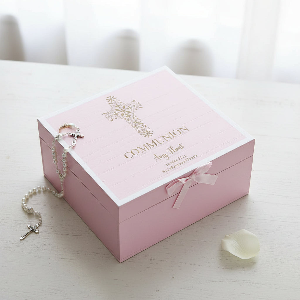 Personalised Communion Pink Engraved Wooden Keepsake Box With Floral Cross Design ukgiftstoreonline