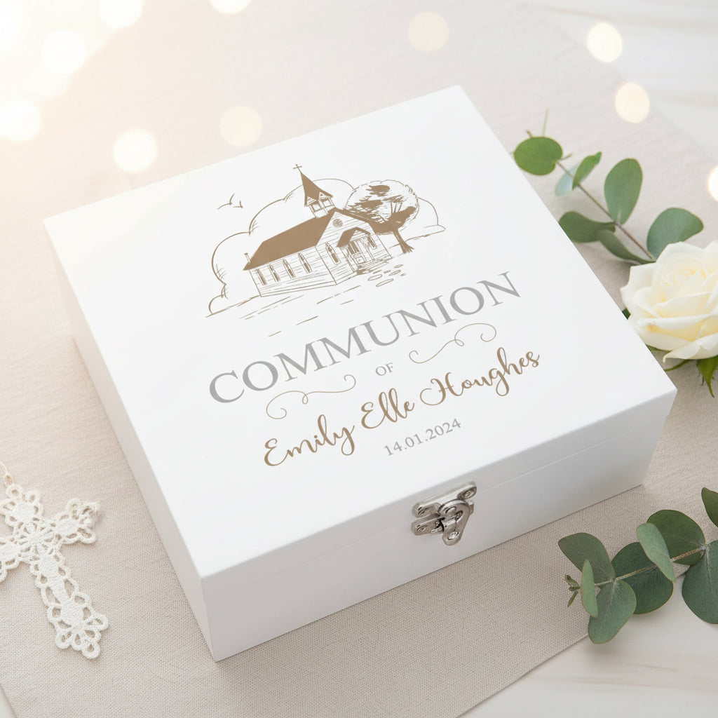 Personalised Communion Wooden Box Memories Keepsake Gift With Church ukgiftstoreonline