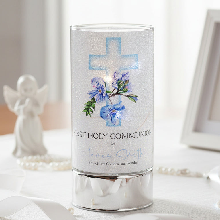 Personalised Holy Communion Night Light Gift With Floral Blue Cross ukgiftstoreonline