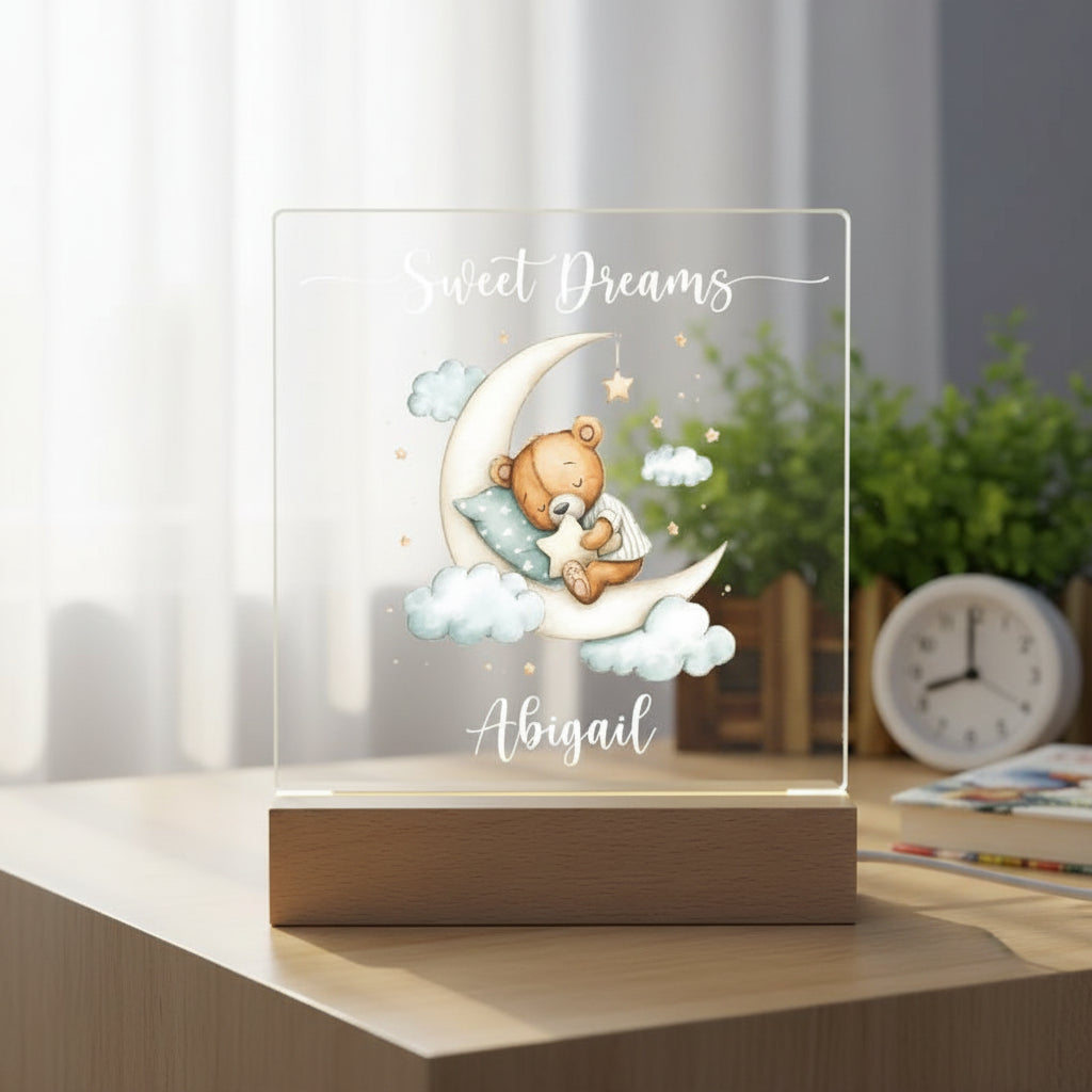 Personalised Baby Gifts Nursery Teddy Night Light - LED Night Light for restful Sleep - Nursery Bedside Table Lamp - Christening Gift for Baby Personalised Heart Gifts ukgiftstoreonline