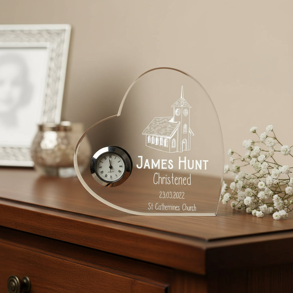 Engraved Heart Crystal Clock Christening Keepsake Gift Personalised Clocks ukgiftstoreonline