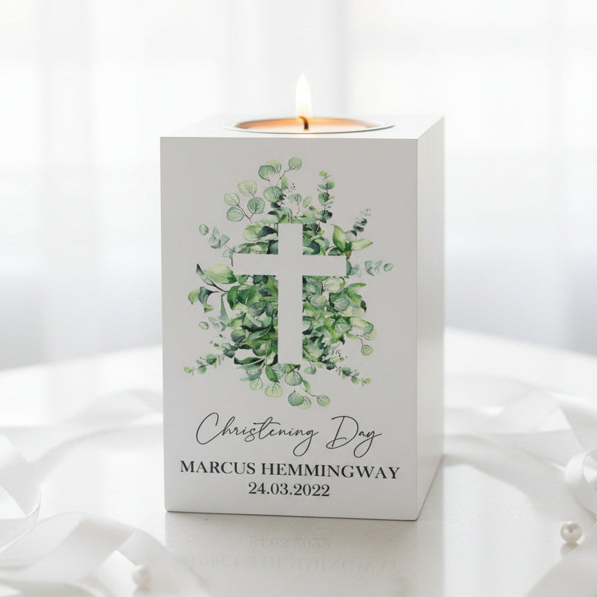 Personalised Christening Tea Light Holder Gift With Cross Tea Light Holder ukgiftstoreonline
