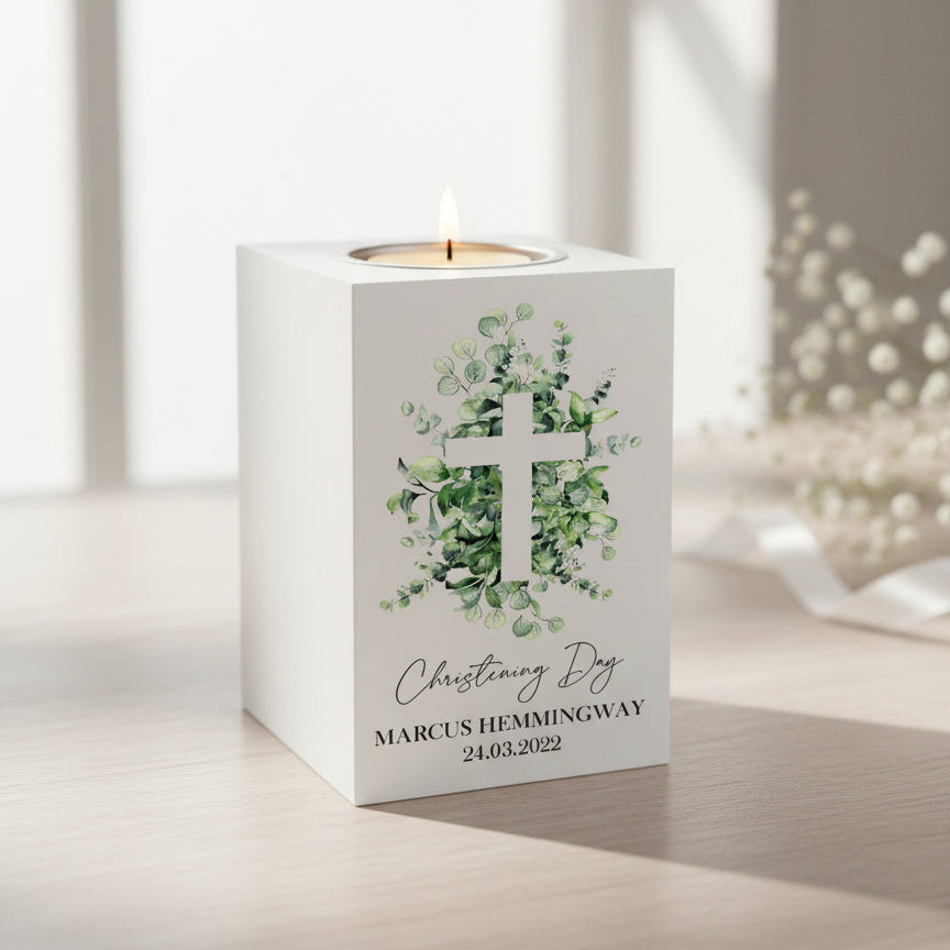 Personalised Christening Tea Light Holder Gift With Cross Tea Light Holder ukgiftstoreonline