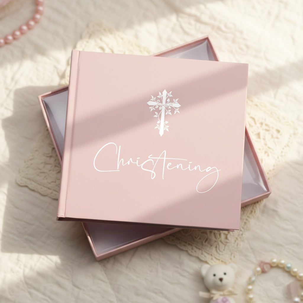 Christening Gift Photo Album With Cross For 50 x 6 by 4 Photos In Green Pink or Black photo album ukgiftstoreonline Pink
