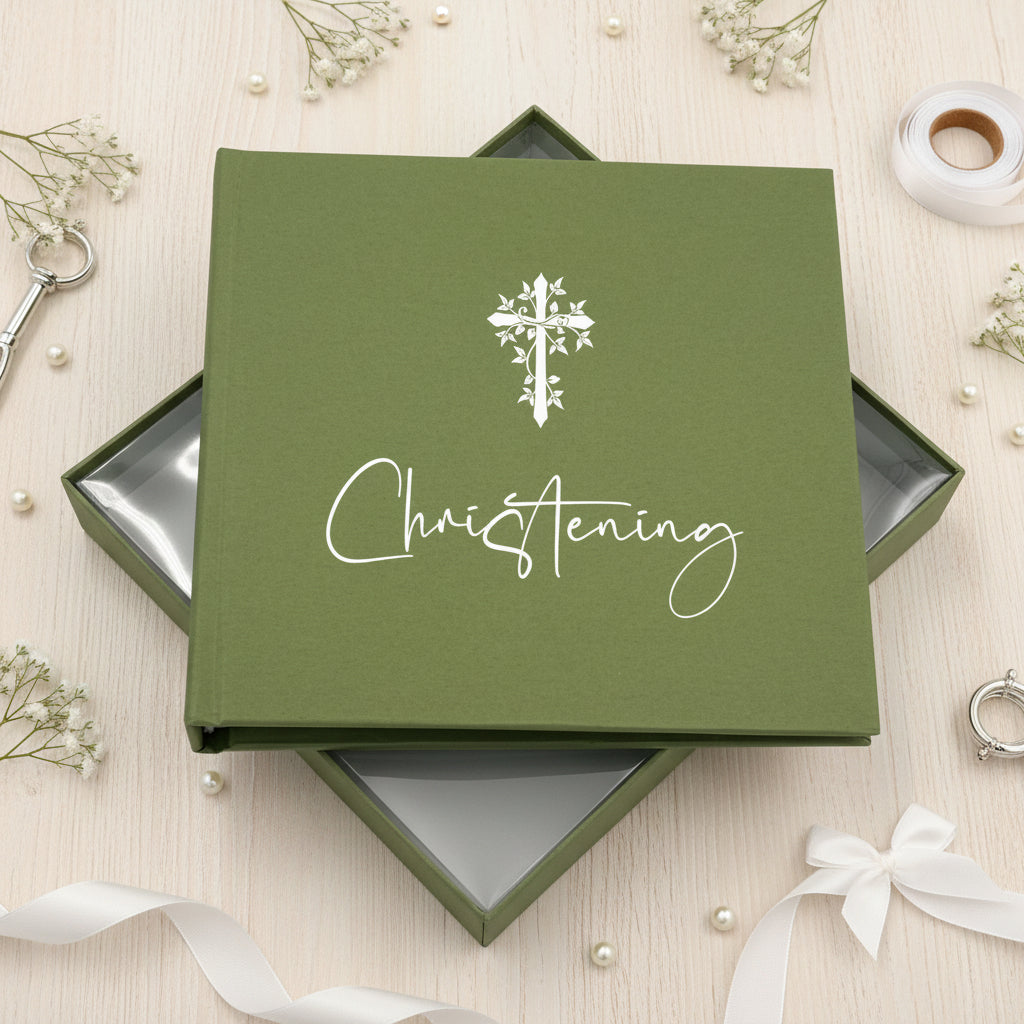 Christening Gift Photo Album With Cross For 50 x 6 by 4 Photos In Green Pink or Black photo album ukgiftstoreonline Olive Green