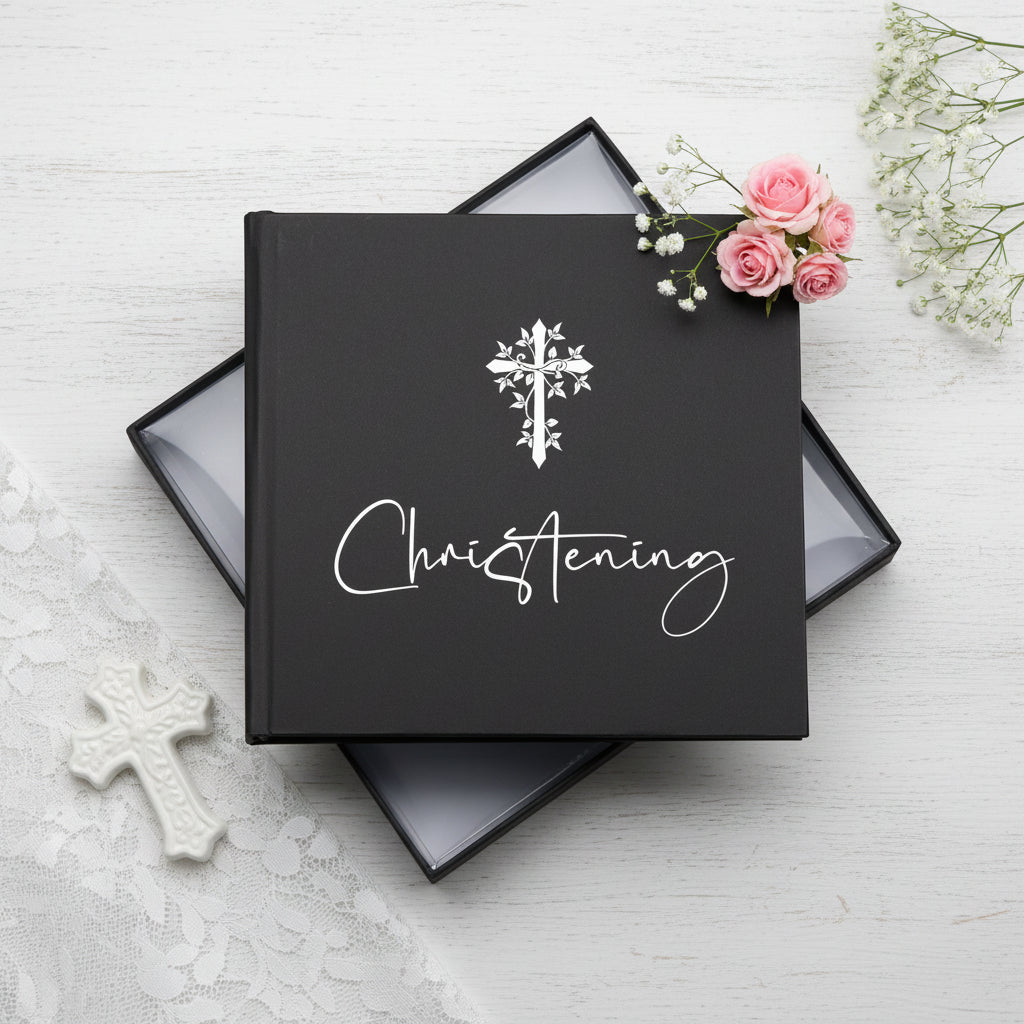Christening Gift Photo Album With Cross For 50 x 6 by 4 Photos In Green Pink or Black photo album ukgiftstoreonline Black