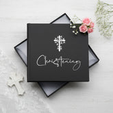 Christening Gift Photo Album With Cross For 50 x 6 by 4 Photos In Green Pink or Black photo album ukgiftstoreonline Black