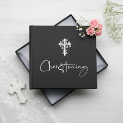 Christening Gift Photo Album With Cross For 50 x 6 by 4 Photos In Green Pink or Black photo album ukgiftstoreonline Black