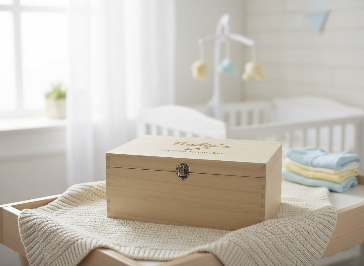 Personalised Large Baby wooden Memories Keepsake Box Keepsake Memory Box Raised Words