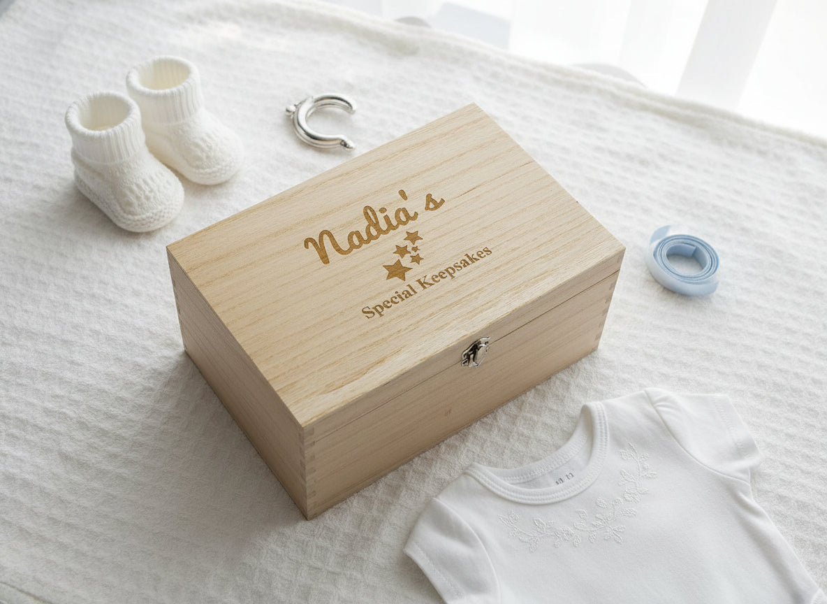Personalised Large Baby wooden Memories Keepsake Box Keepsake Memory Box Raised Words