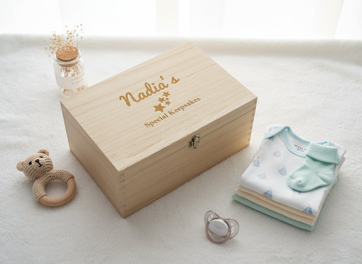Personalised Large Baby wooden Memories Keepsake Box Keepsake Memory Box Raised Words