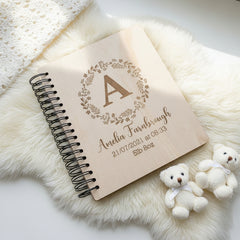 Personalised New Baby Engraved Wooden Photo Album Gift Wreath and Alphabet Design Baby Photo Album ukgiftstoreonline