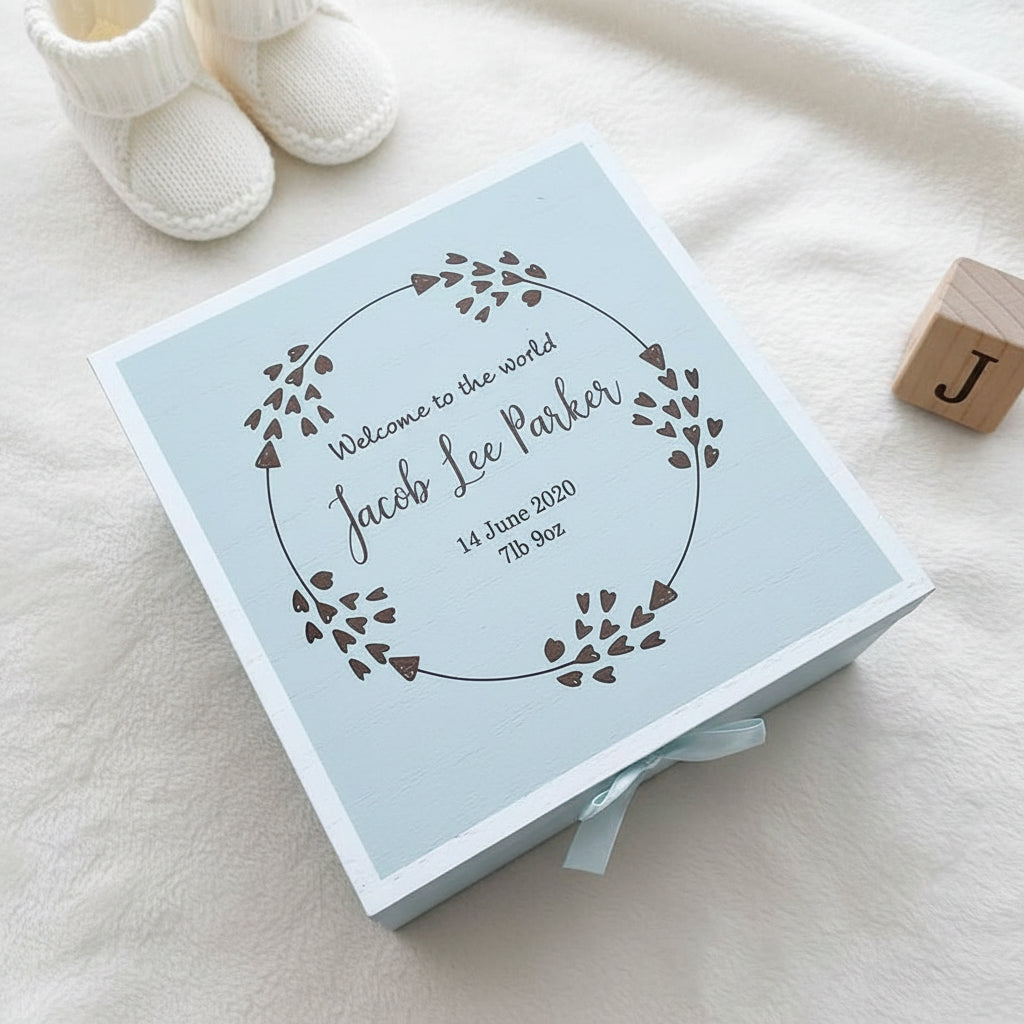 Personalised Baby Boy Blue Wooden Memories Keepsake Box Heart Wreath Keepsake Memory Box Baby Keepsakes