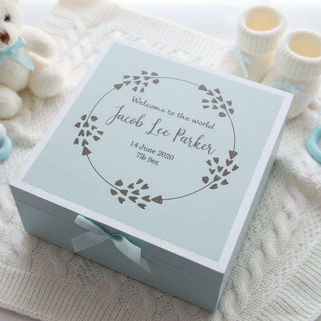 Personalised Baby Boy Blue Wooden Memories Keepsake Box Heart Wreath Keepsake Memory Box Baby Keepsakes