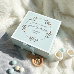 Personalised Baby Boy Blue Wooden Memories Keepsake Box Heart Wreath Keepsake Memory Box Baby Keepsakes