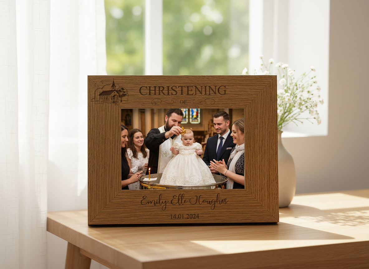 Personalised Engraved Wooden Christening Photo Picture Frame Landscape With Church Sketch Photo Frame ukgiftstoreonline