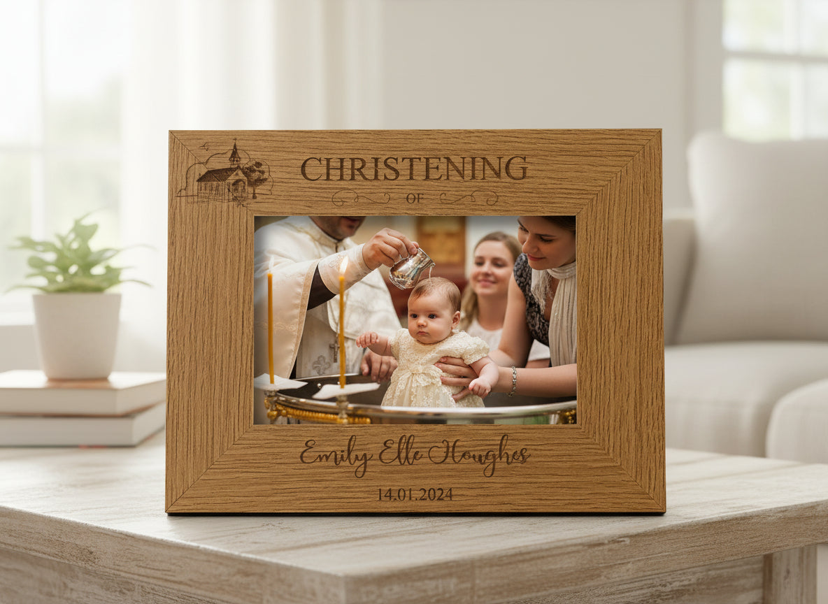 Personalised Engraved Wooden Christening Photo Picture Frame Landscape With Church Sketch Photo Frame ukgiftstoreonline