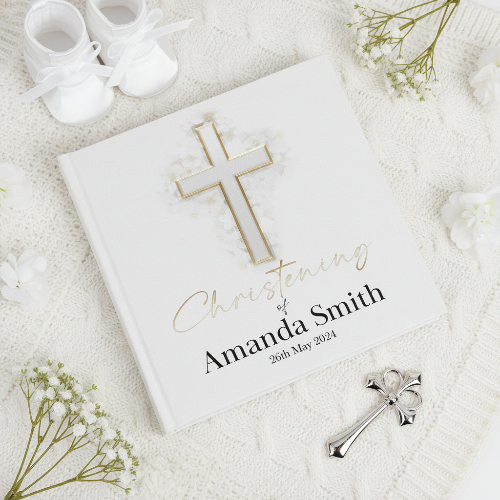 Large Book Bound Personalised Christening Photo Album With Silver Cross photo album ukgiftstoreonline