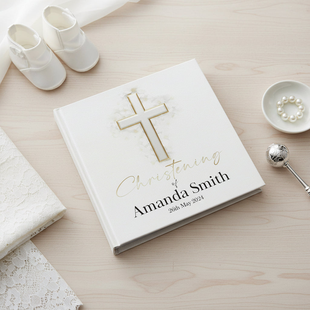 Large Book Bound Personalised Christening Photo Album With Silver Cross photo album ukgiftstoreonline