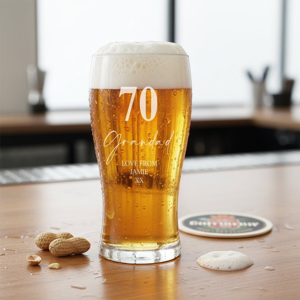 Engraved Personalised 70th Birthday Signature Pint Beer Glass Gift Boxed personalised beer glasses ukgiftstoreonline