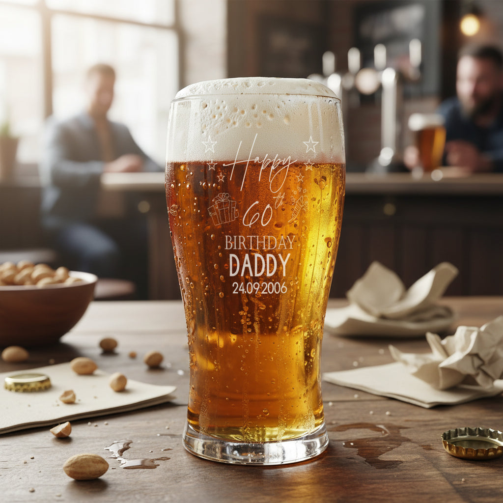 60th Birthday Personalised Beer Glasses Gift for Him with Star Design personalised beer glasses ukgiftstoreonline