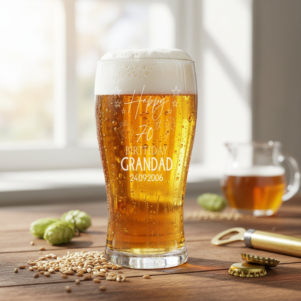 70th Birthday Personalised Beer Glasses Gift for Him with Star Design personalised beer glasses ukgiftstoreonline