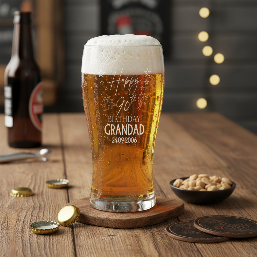 90th Birthday Personalised Beer Glasses Gift for Him with Star Design personalised beer glasses ukgiftstoreonline