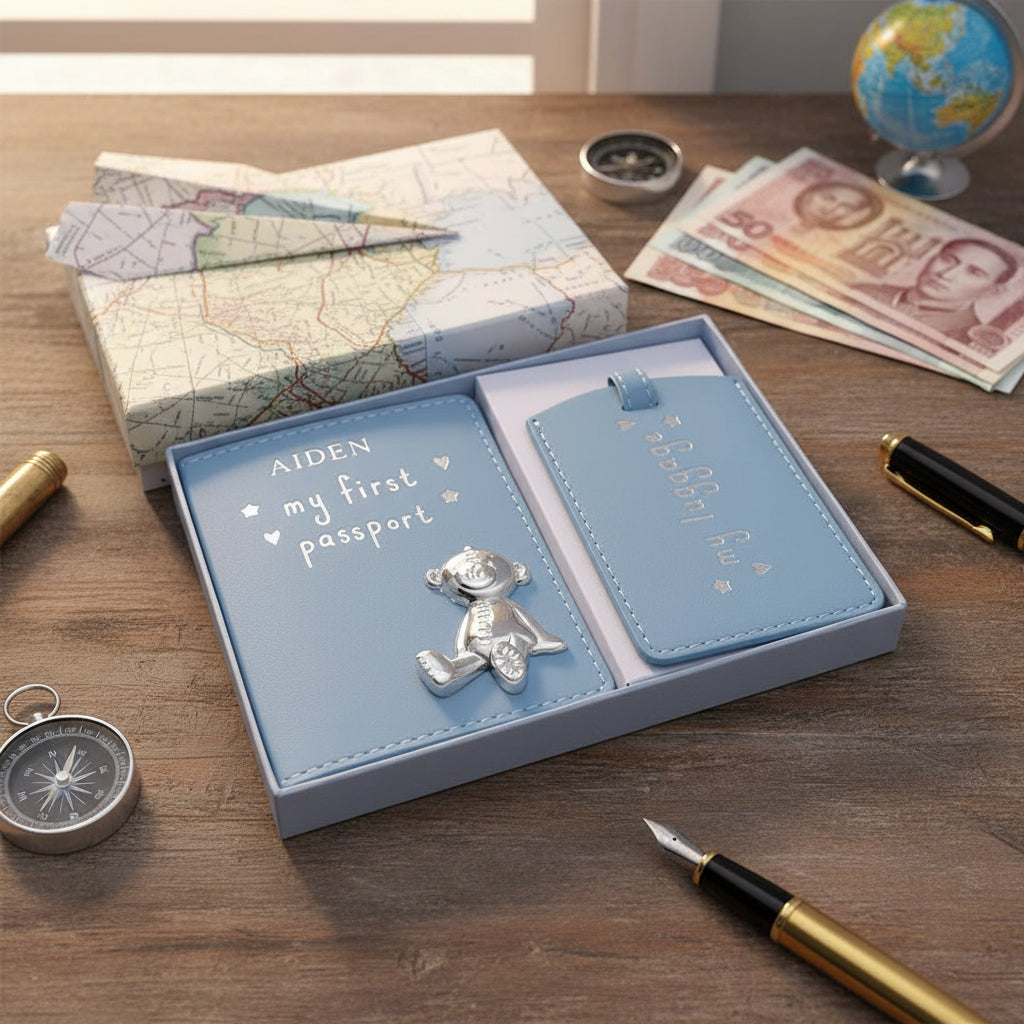 Personalised Debossed Baby Boy Passport Cover and Luggage Tag Holder Gift Set With Teddy Baby Product ukgiftstoreonline
