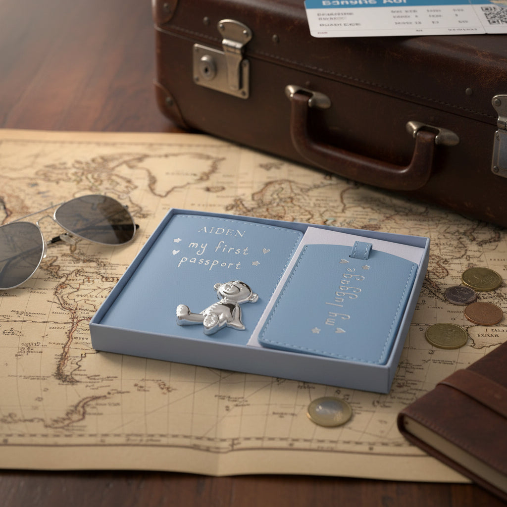 Personalised Debossed Baby Boy Passport Cover and Luggage Tag Holder Gift Set With Teddy Baby Product ukgiftstoreonline