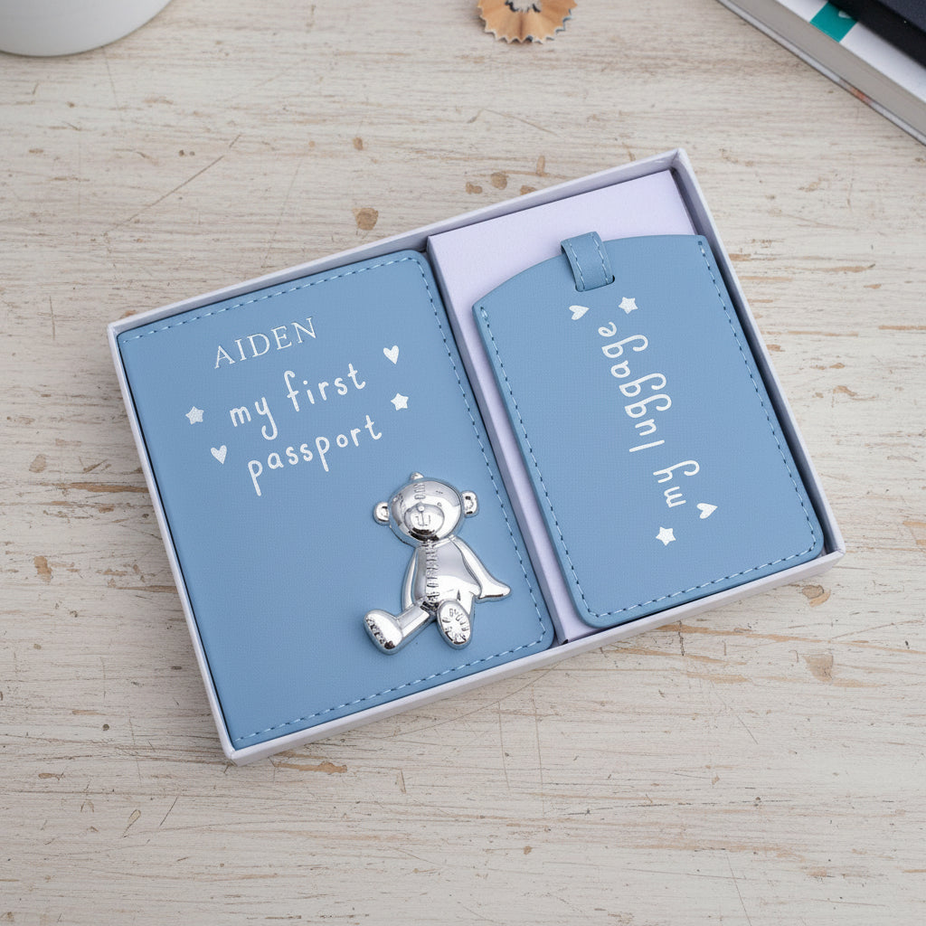 Personalised Debossed Baby Boy Passport Cover and Luggage Tag Holder Gift Set With Teddy Baby Product ukgiftstoreonline