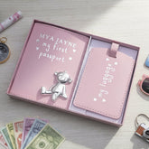 Personalised Debossed Baby Girl Passport Cover and Luggage Tag Holder Gift Set With Teddy Baby Product ukgiftstoreonline