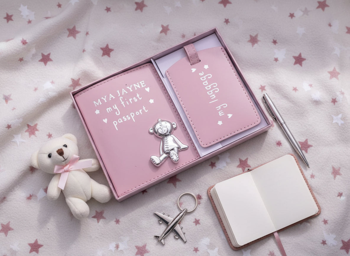 Personalised Debossed Baby Girl Passport Cover and Luggage Tag Holder Gift Set With Teddy Baby Product ukgiftstoreonline