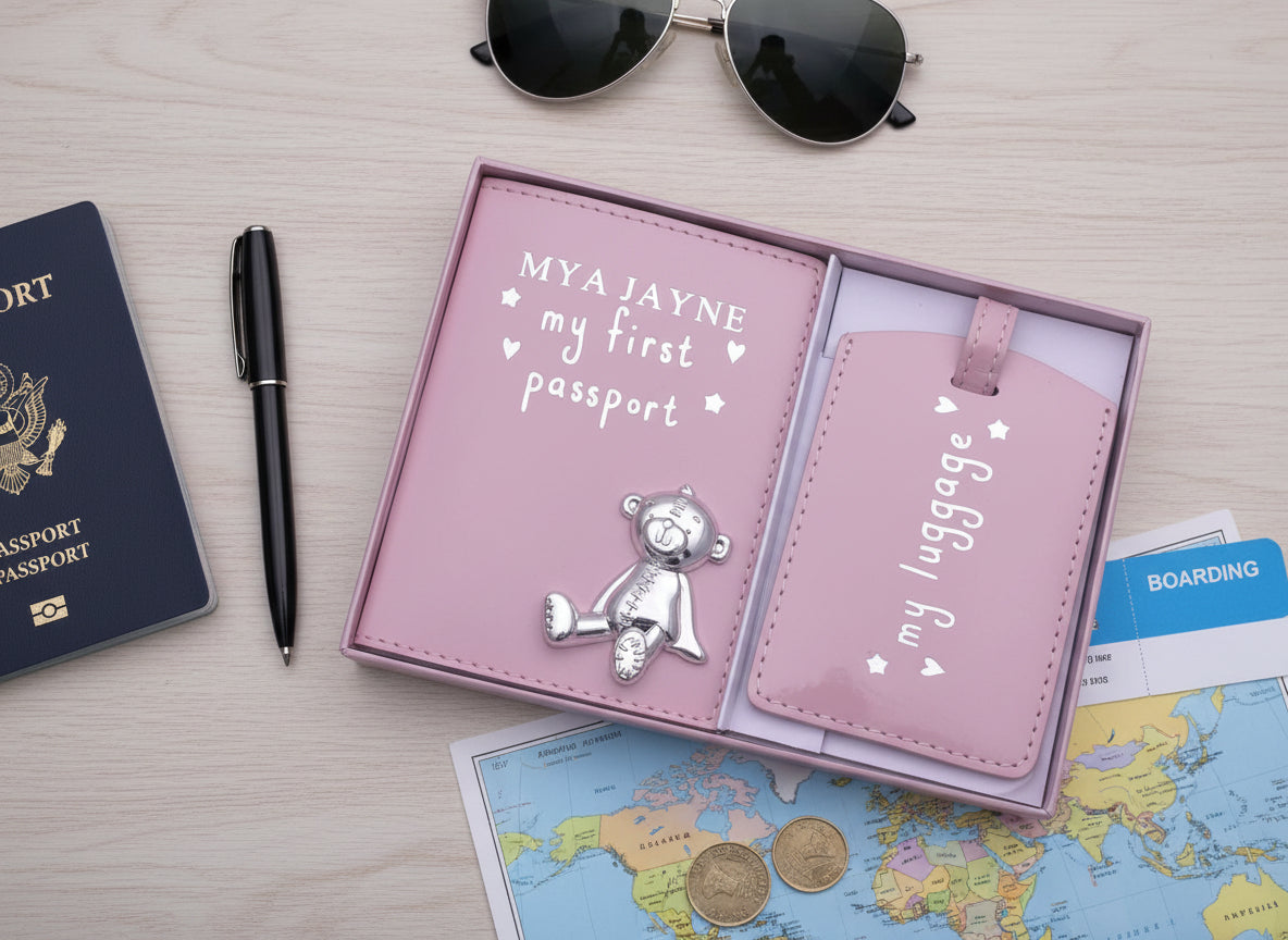 Personalised Debossed Baby Girl Passport Cover and Luggage Tag Holder Gift Set With Teddy Baby Product ukgiftstoreonline