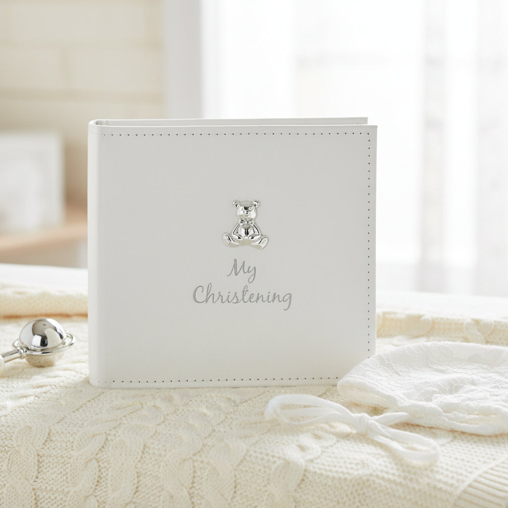 Suede Christening Photo Picture Album With 3D Teddy Emblem Christening Photo Album ukgiftstoreonline