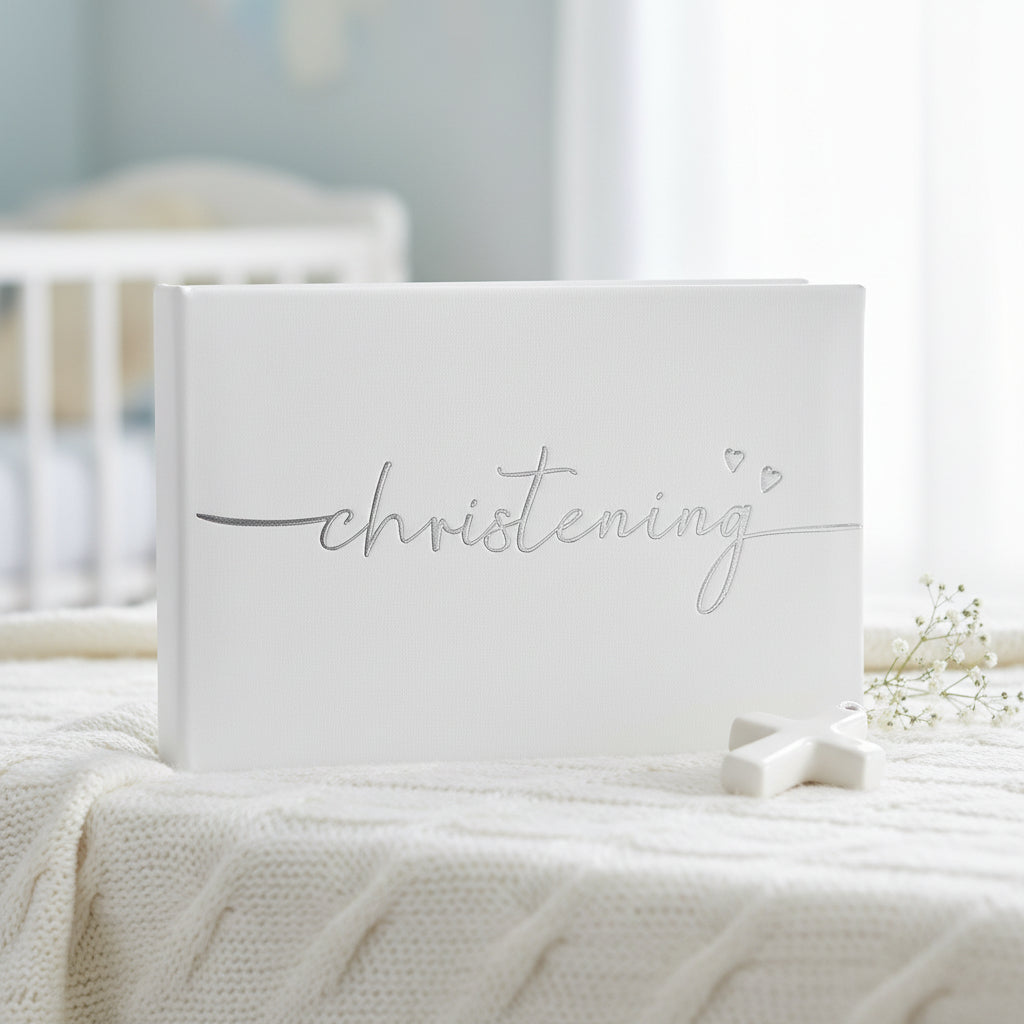 Christening Photo Album – Modern Script Design | White Leather Keepsake Book Christening Photo Album ukgiftstoreonline