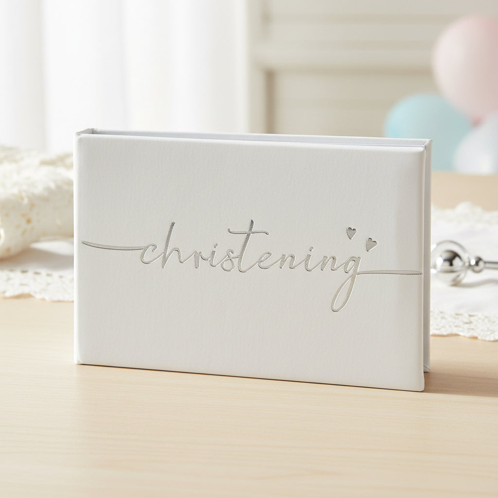 Christening Photo Album – Modern Script Design | White Leather Keepsake Book Christening Photo Album ukgiftstoreonline